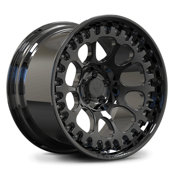 Custom forged black deep dish wheels for Ford Mustang GT, featuring a sleek and aggressive design.